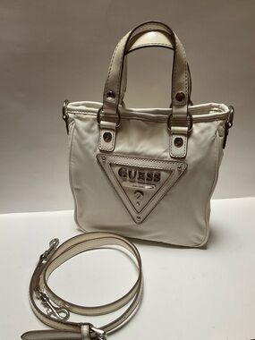 Vintage GUESS Jeans White Nylon Tote Cream Satchel Removable Crossbody Strap
